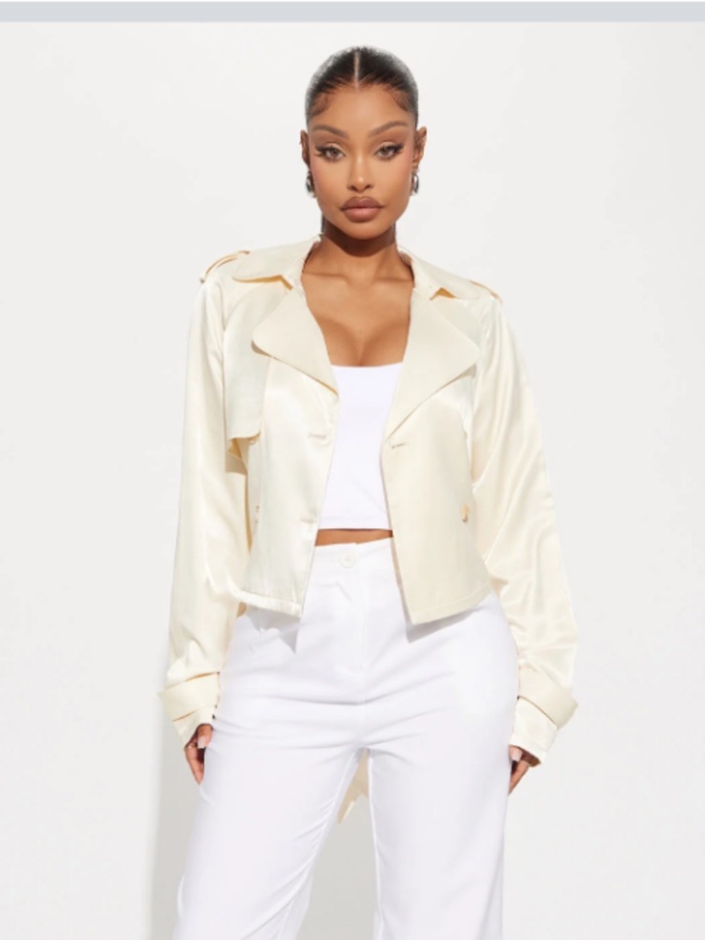 Fashion Nova Cream Double-Breasted Tie-Waist Trench Jacket